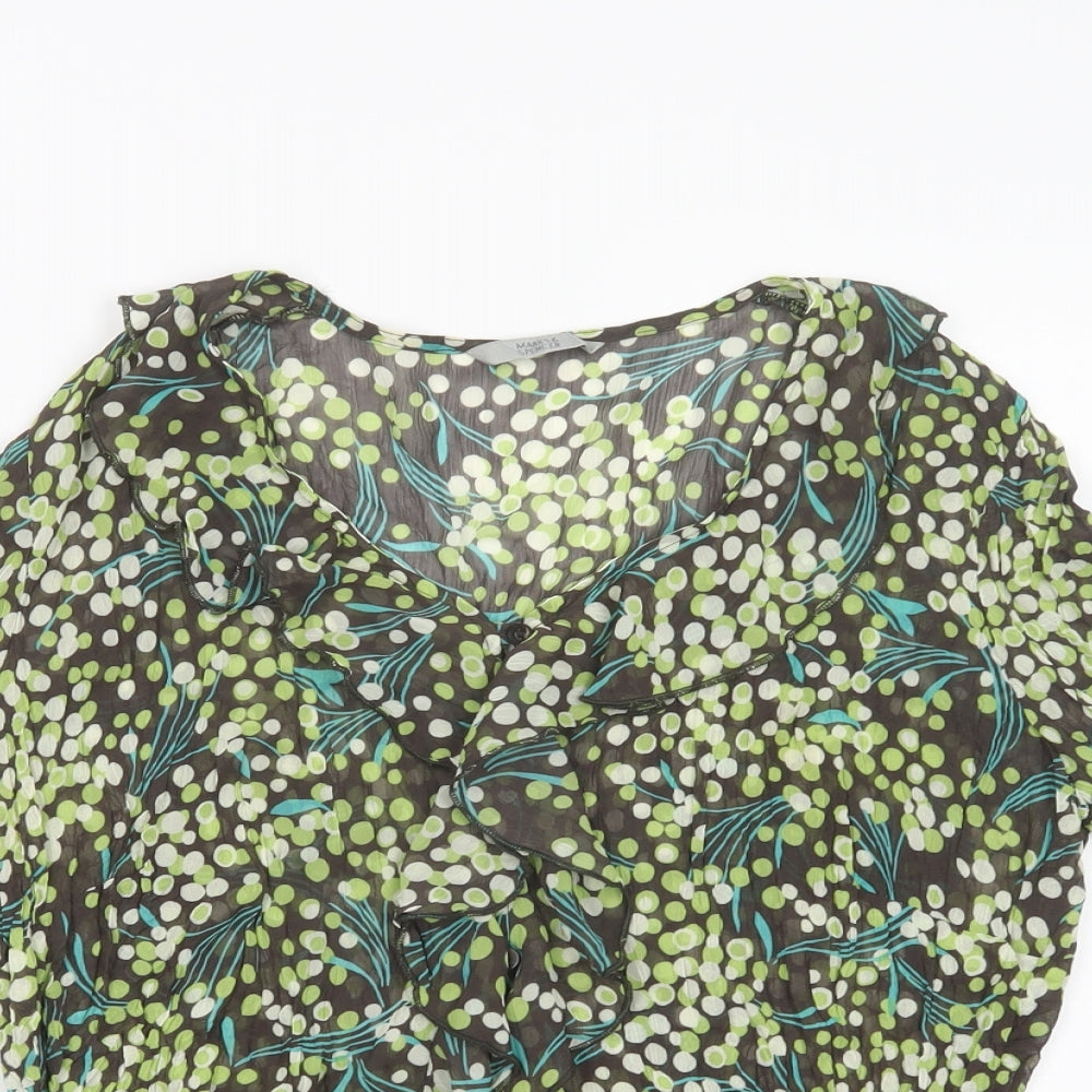 Marks and Spencer Womens Green Floral Polyester Basic Blouse Size 16 V-Neck