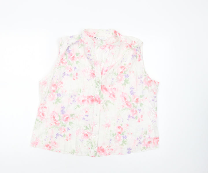 BHS Womens White Floral Polyester Basic Blouse Size 18 V-Neck