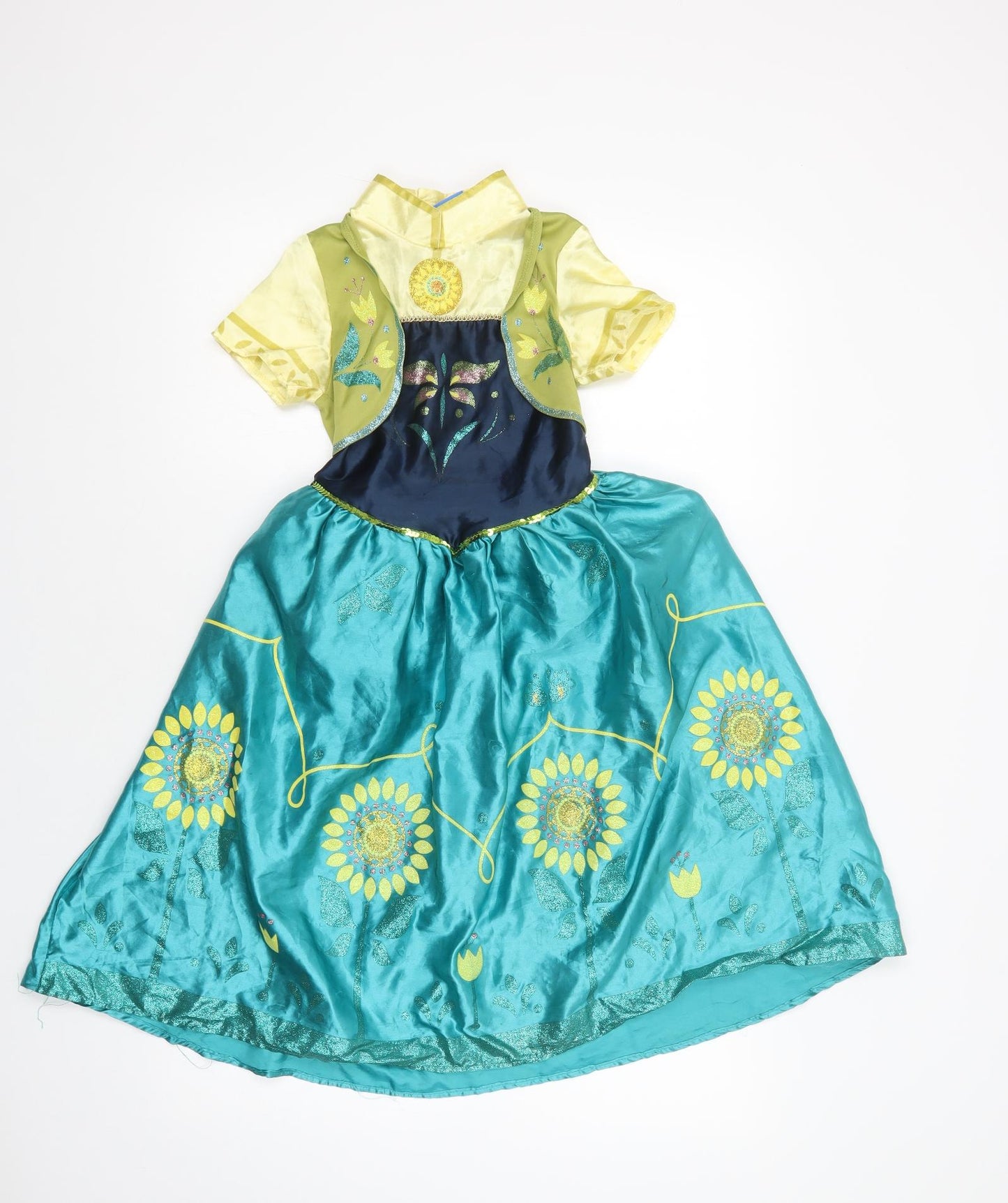 Disney Girls Green Floral Polyester Ball Gown  Size 5-6 Years  Collared  - Fancy Princess Dress