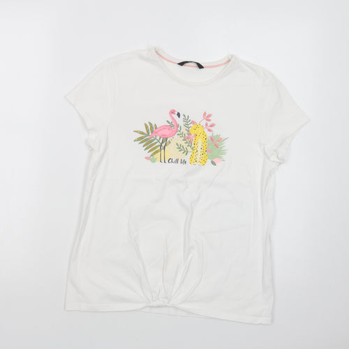 George Girls White  Cotton Pullover T-Shirt Size 13-14 Years Crew Neck Pullover - Flamingo