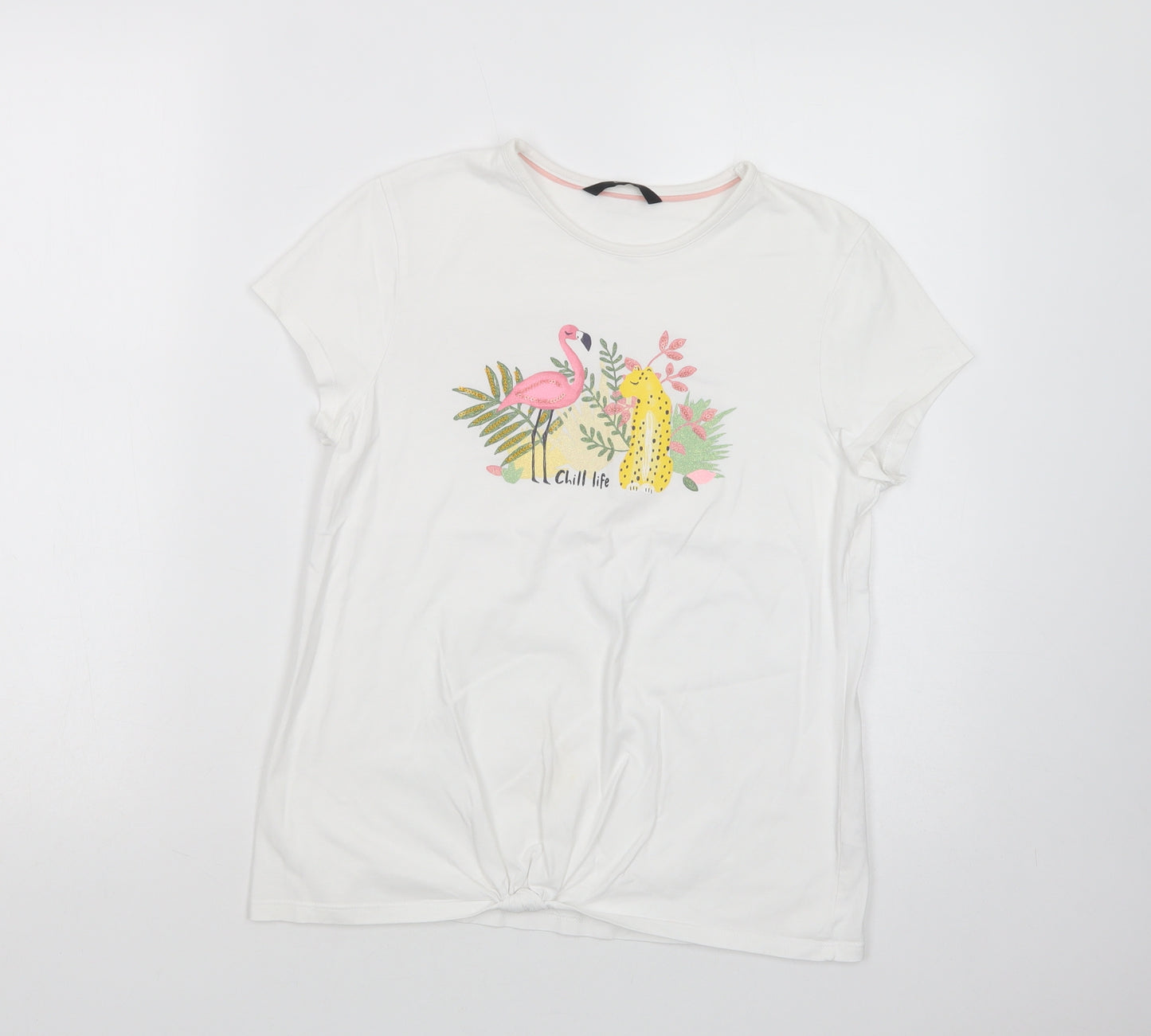 George Girls White  Cotton Pullover T-Shirt Size 13-14 Years Crew Neck Pullover - Flamingo
