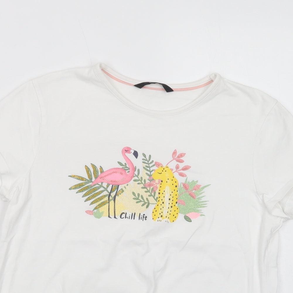 George Girls White  Cotton Pullover T-Shirt Size 13-14 Years Crew Neck Pullover - Flamingo