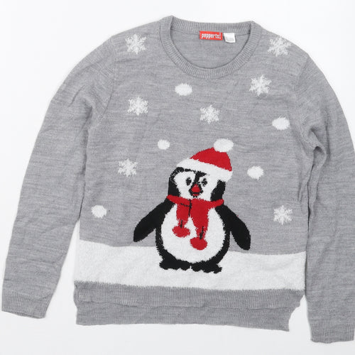 Pepperts Girls Grey Crew Neck  Acrylic Pullover Jumper    - Penguin