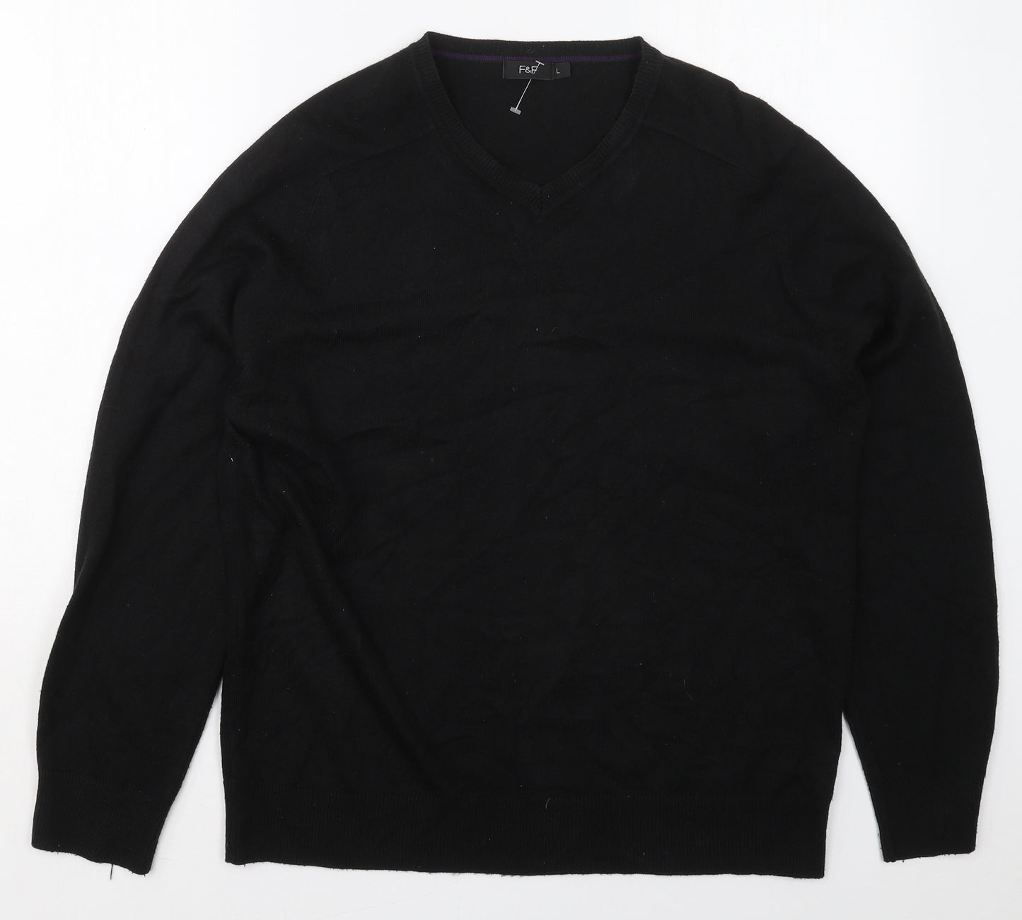 F&F Mens Black V-Neck  Acrylic Pullover Jumper Size L