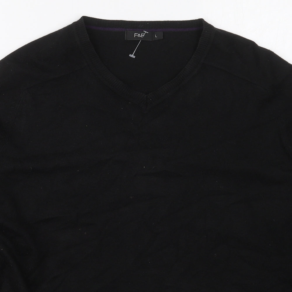 F&F Mens Black V-Neck  Acrylic Pullover Jumper Size L