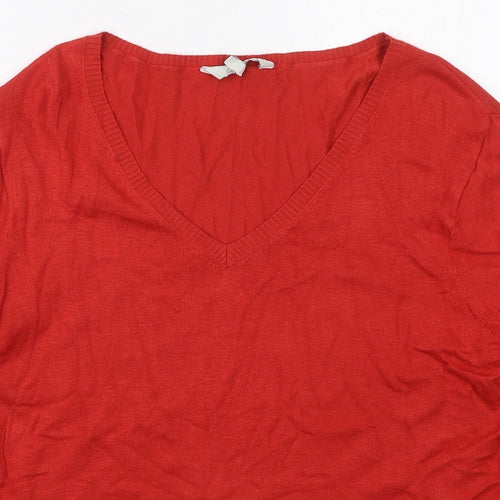 Peacocks Womens Red V-Neck  Acrylic Pullover Jumper Size 16