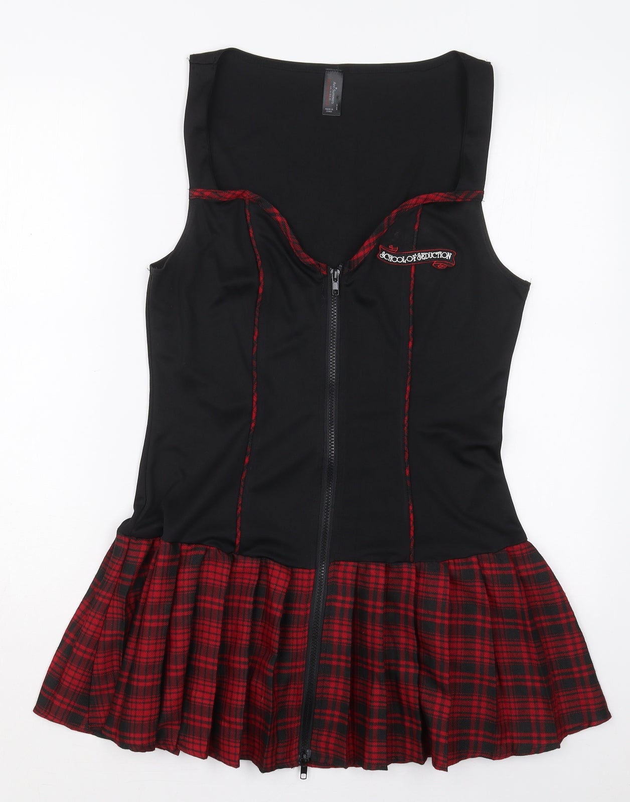 Ann Summers Womens Black Check Polyester Mini  Size 14  Square Neck Zip - Red School of Seduction