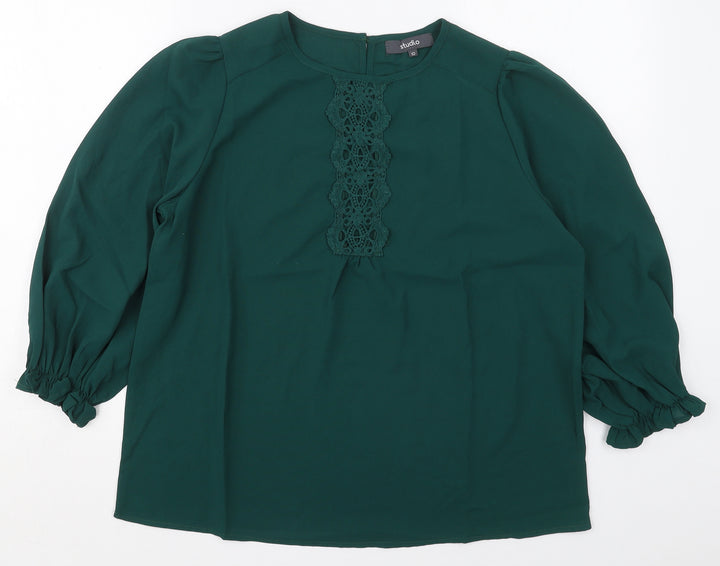 Studio Womens Green Polyester Basic Blouse Size 10 Round Neck