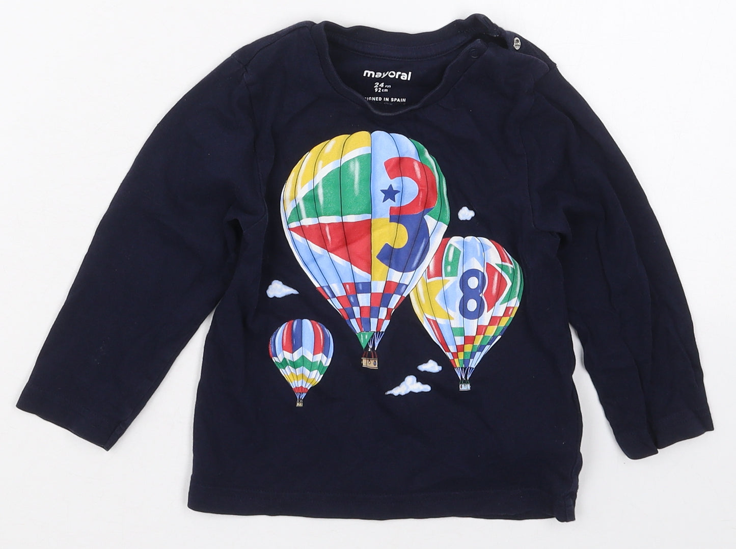 Mayoral Boys Blue  Cotton Basic T-Shirt Size 2 Years Crew Neck Pullover - Hot Air Balloons