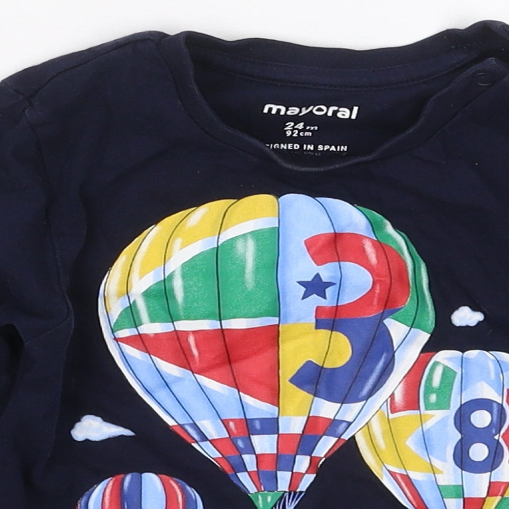 Mayoral Boys Blue  Cotton Basic T-Shirt Size 2 Years Crew Neck Pullover - Hot Air Balloons