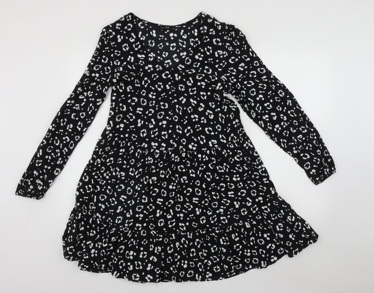 F&F Womens Black Geometric Polyester Fit & Flare  Size 10  V-Neck Button