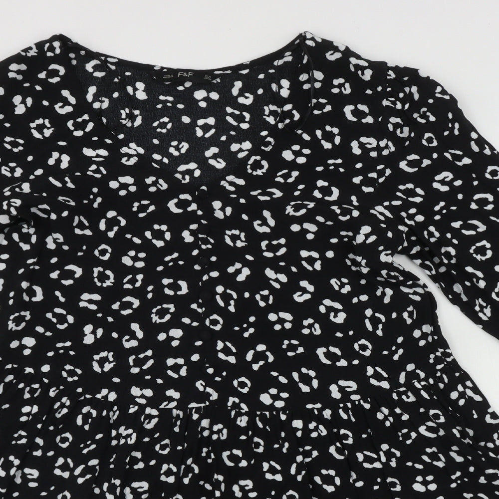 F&F Womens Black Geometric Polyester Fit & Flare  Size 10  V-Neck Button