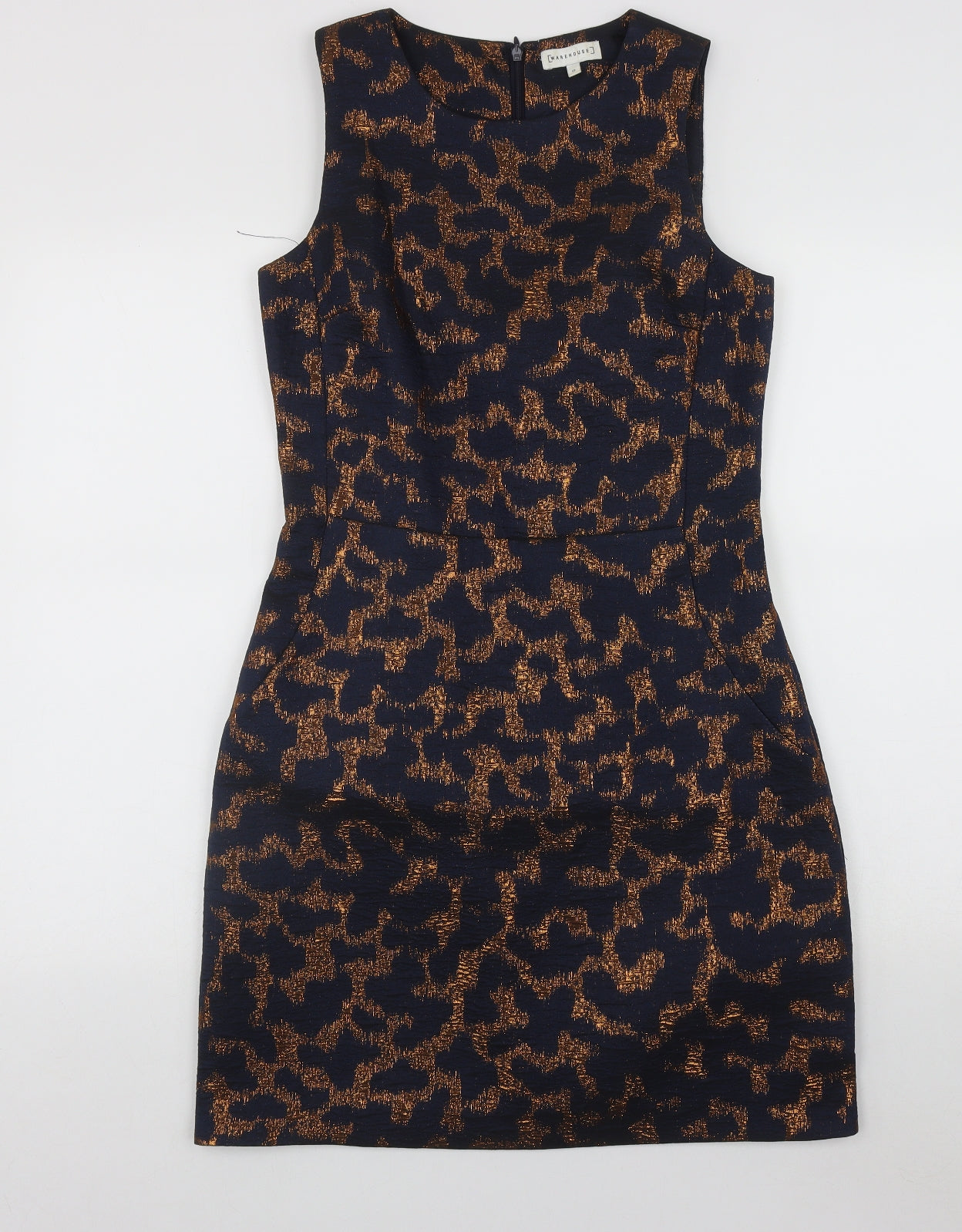 Warehouse Womens Blue Geometric Polyester Fit & Flare  Size 10  Round Neck Zip