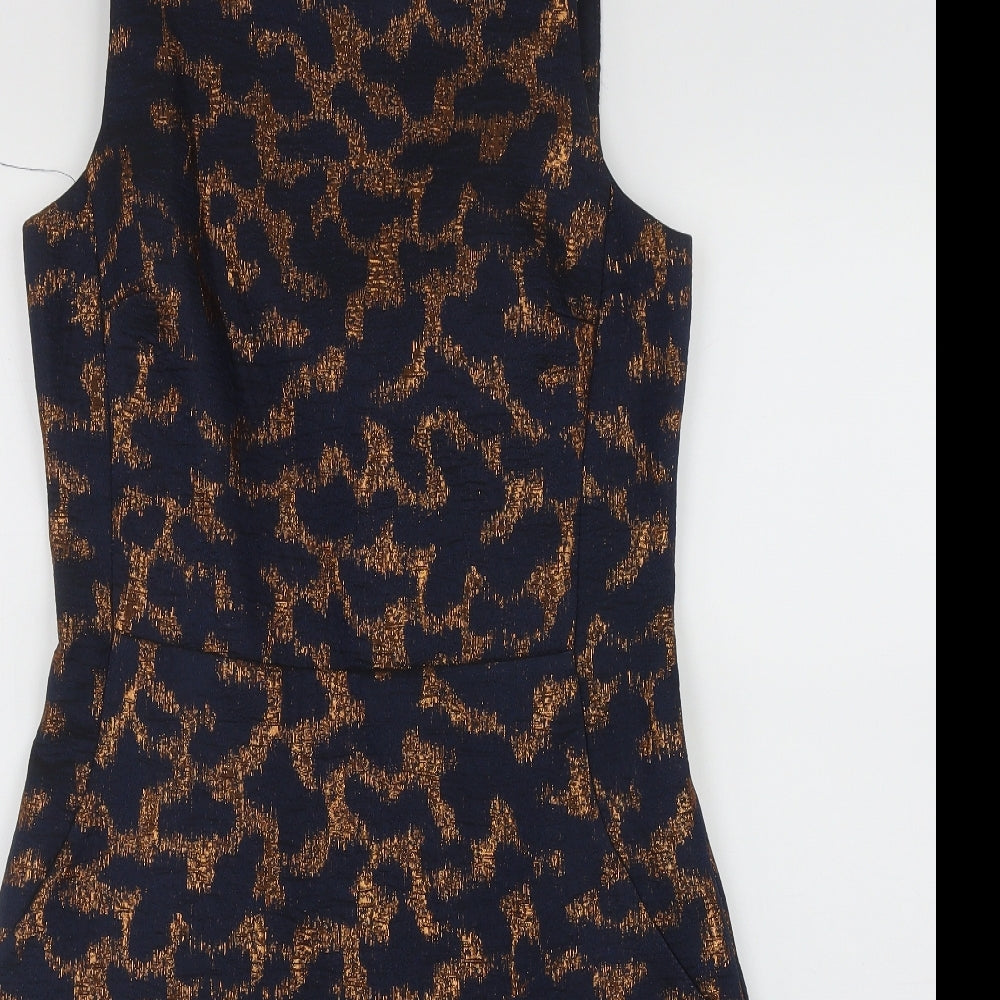 Warehouse Womens Blue Geometric Polyester Fit & Flare  Size 10  Round Neck Zip