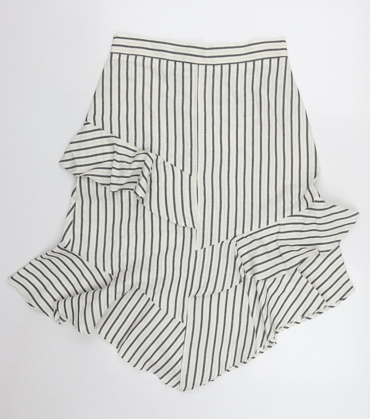Marks and Spencer Womens Beige Striped Flax Swing Skirt Size 10 Zip