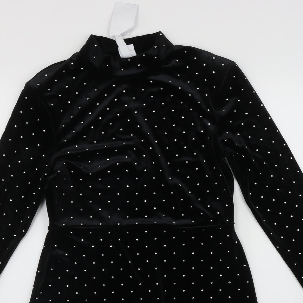 H&M Womens Black  Polyester Fit & Flare  Size M  High Neck  - Shoulder Pads