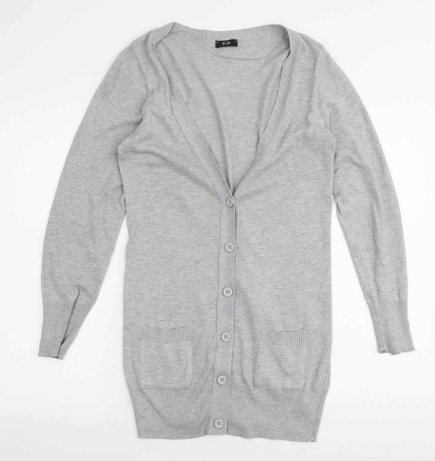 F&F Womens Grey V-Neck  Polyester Cardigan Jumper Size 12