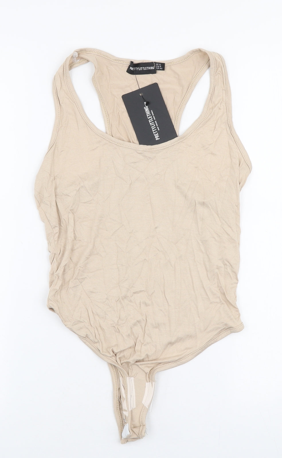 PRETTYLITTLETHING Womens Beige  Viscose Bodysuit One-Piece Size 12  Snap