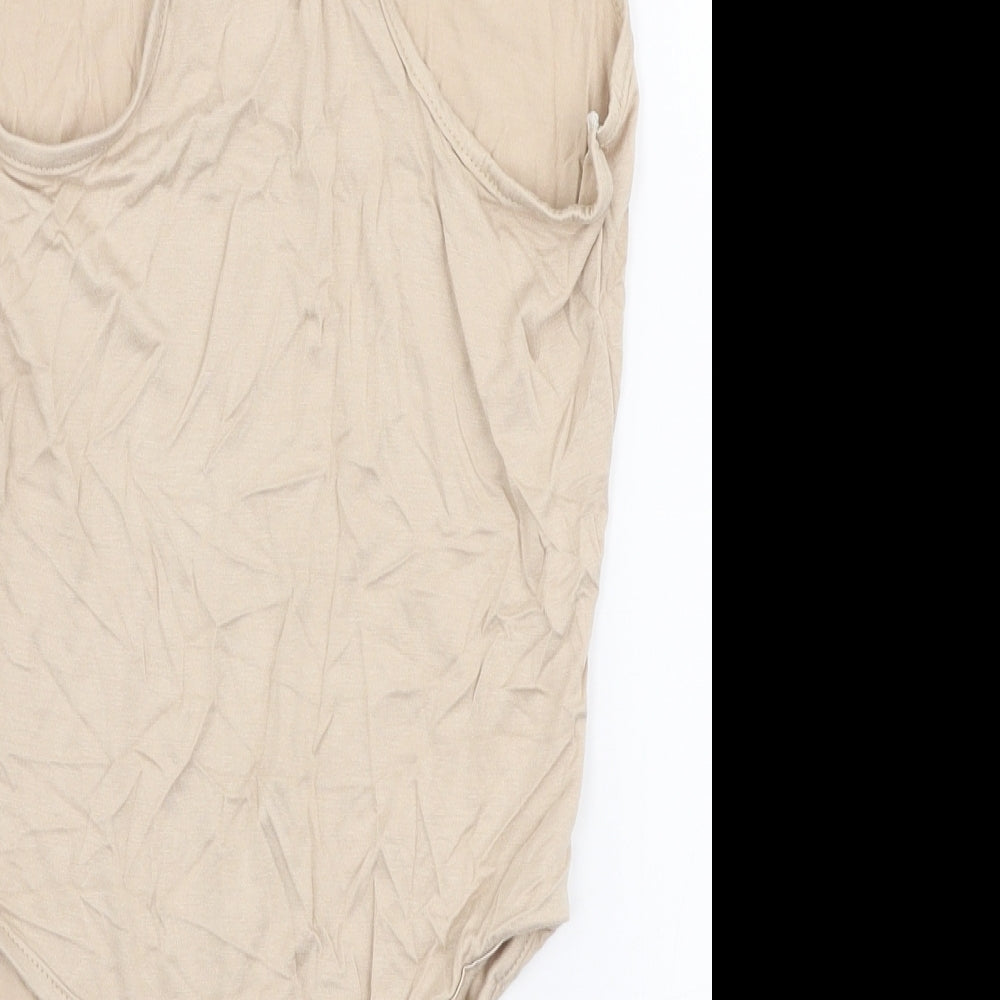 PRETTYLITTLETHING Womens Beige  Viscose Bodysuit One-Piece Size 12  Snap