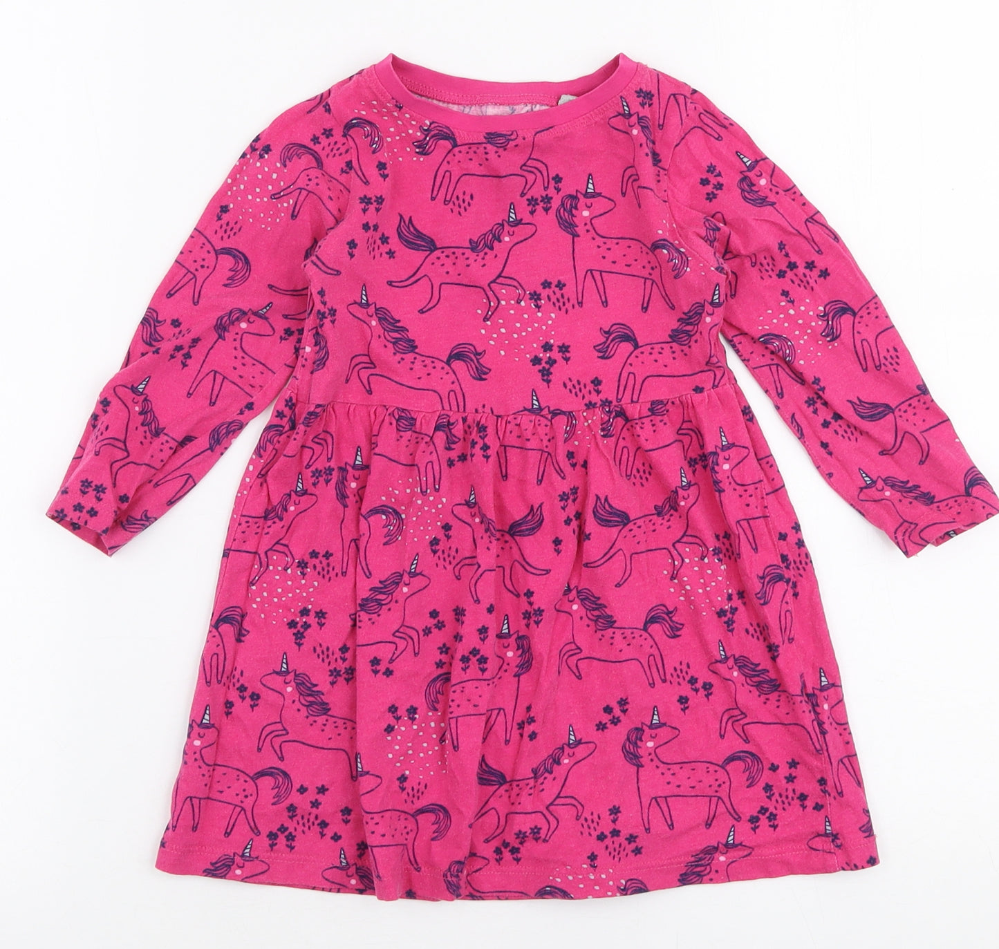 Blue Zoo Girls Pink  100% Cotton Skater Dress  Size 18-24 Months  Round Neck Pullover - Unicorn