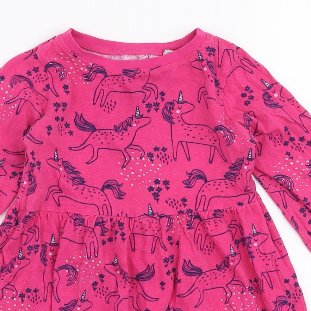 Blue Zoo Girls Pink  100% Cotton Skater Dress  Size 18-24 Months  Round Neck Pullover - Unicorn