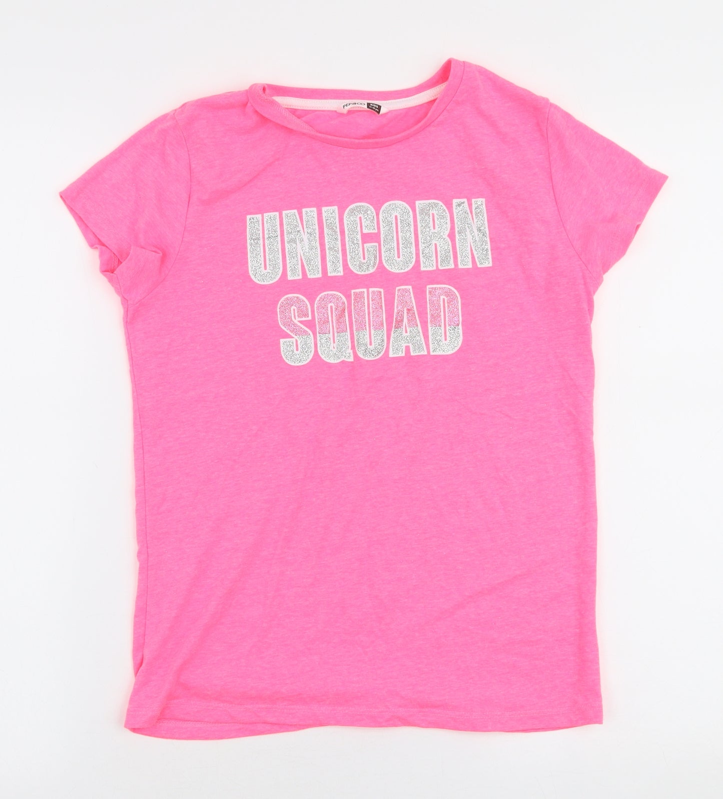 Pep & Co Girls Pink  Polyester Jersey T-Shirt Size 11-12 Years Round Neck Pullover - Unicorn squad