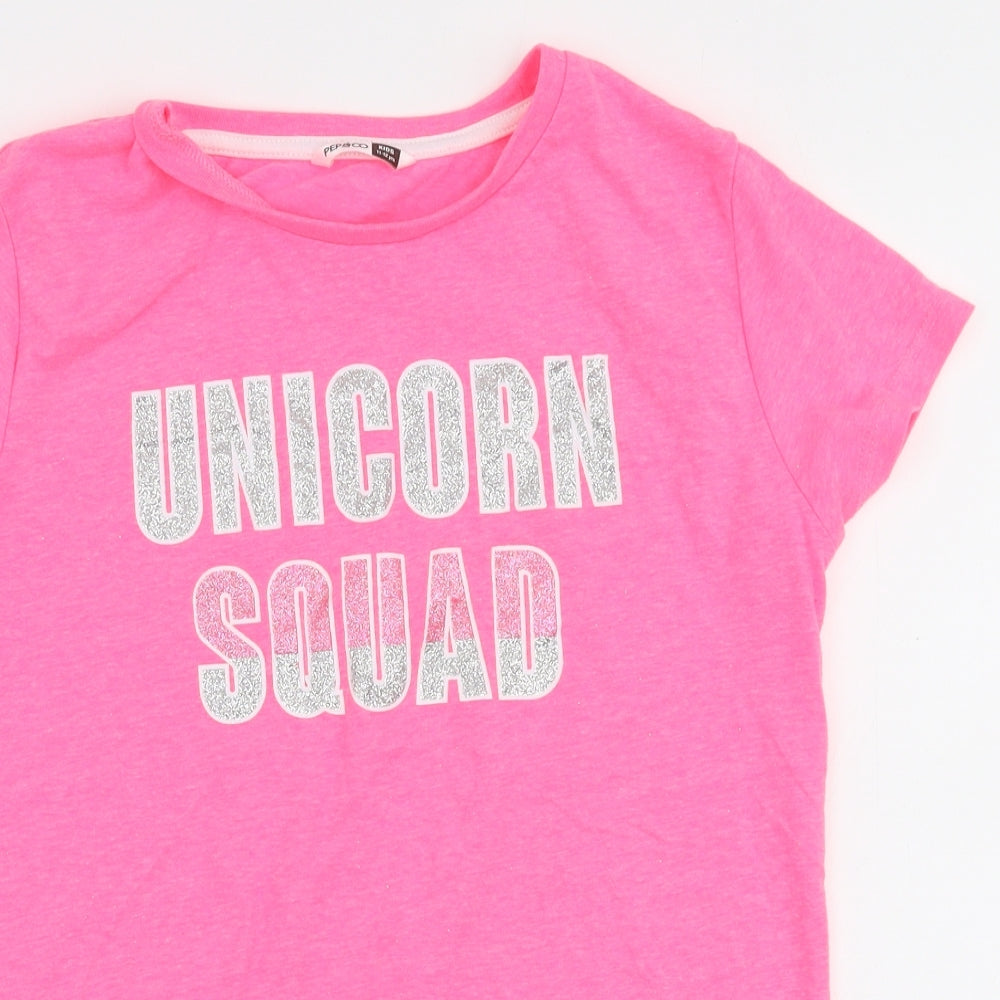 Pep & Co Girls Pink  Polyester Jersey T-Shirt Size 11-12 Years Round Neck Pullover - Unicorn squad