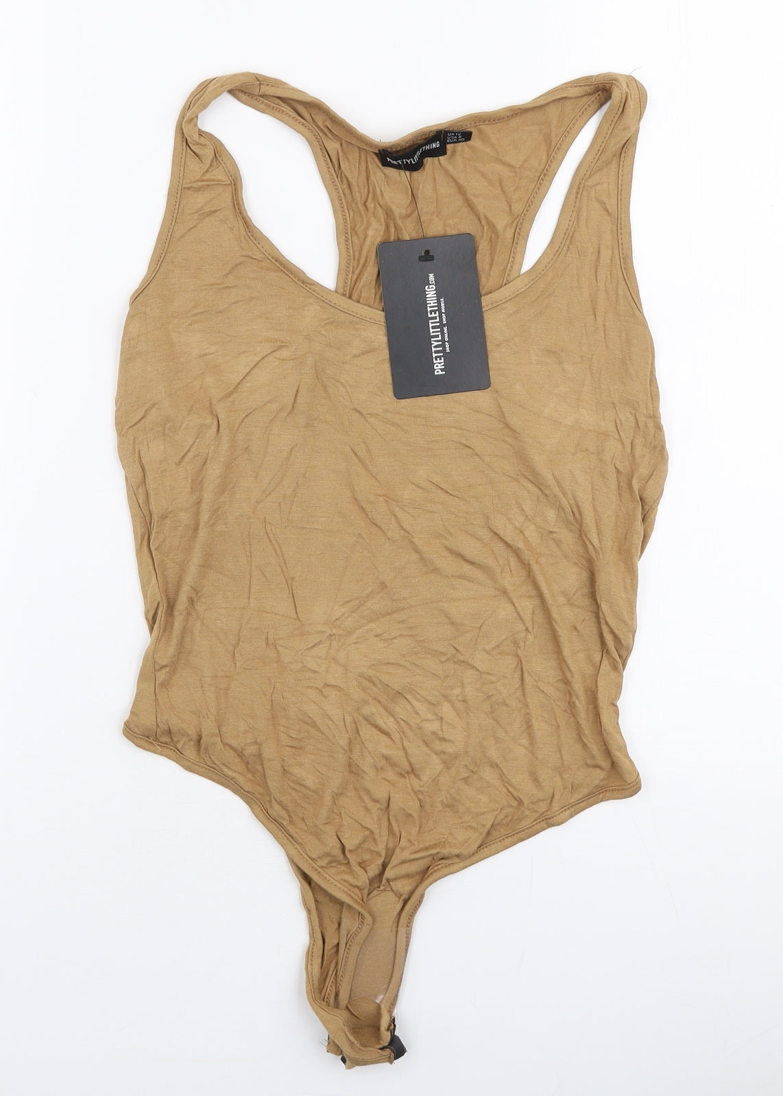 PRETTYLITTLETHING Womens Beige  Viscose Bodysuit One-Piece Size 12  Snap