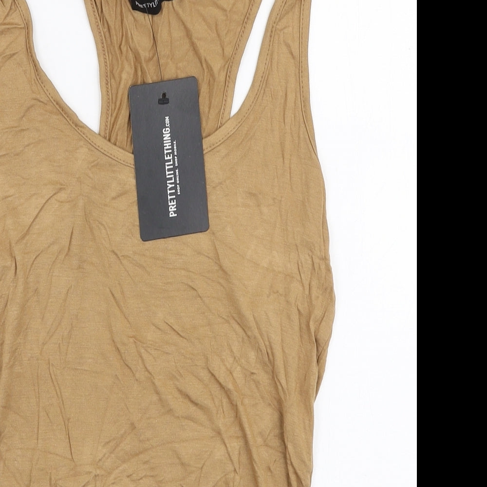 PRETTYLITTLETHING Womens Beige  Viscose Bodysuit One-Piece Size 12  Snap