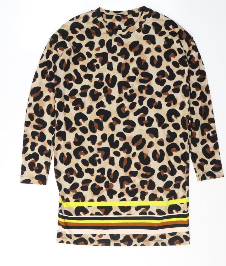 F&F Womens Beige Animal Print Polyester Jacket Dress Size 12 Round Neck Pullover