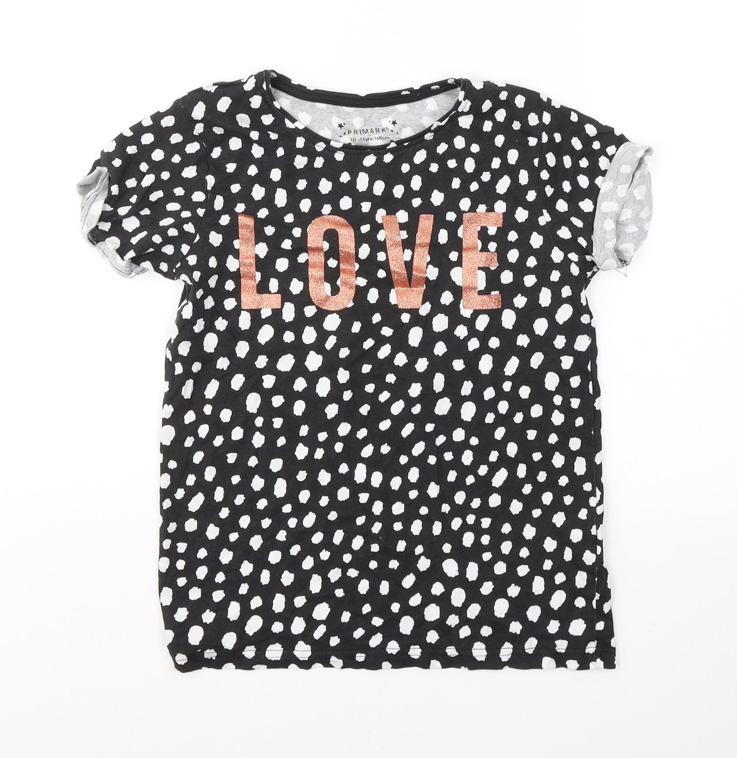 Primark Girls Black Spotted Cotton Basic T-Shirt Size 10-11 Years Round Neck Pullover - LOVE