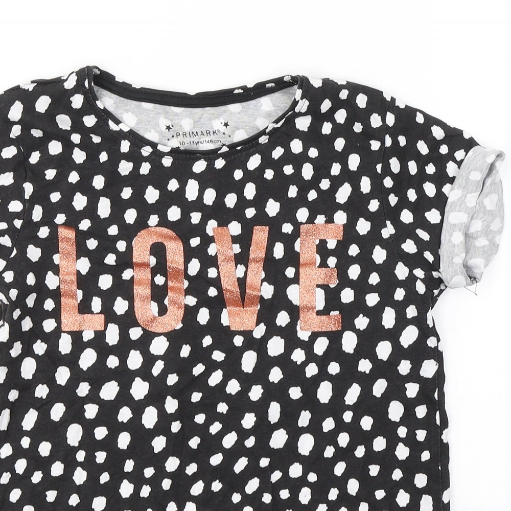 Primark Girls Black Spotted Cotton Basic T-Shirt Size 10-11 Years Round Neck Pullover - LOVE