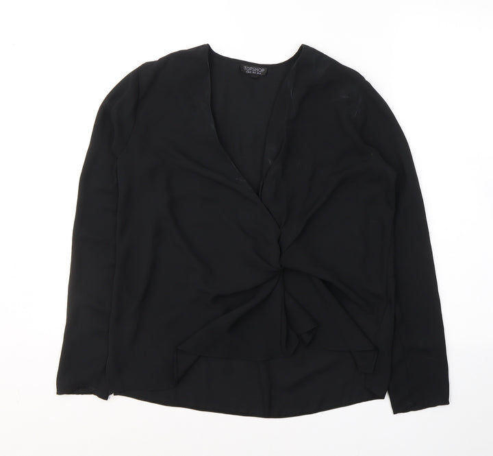 Topshop Womens Black Polyester Basic Blouse Size 12 V-Neck - knot detail