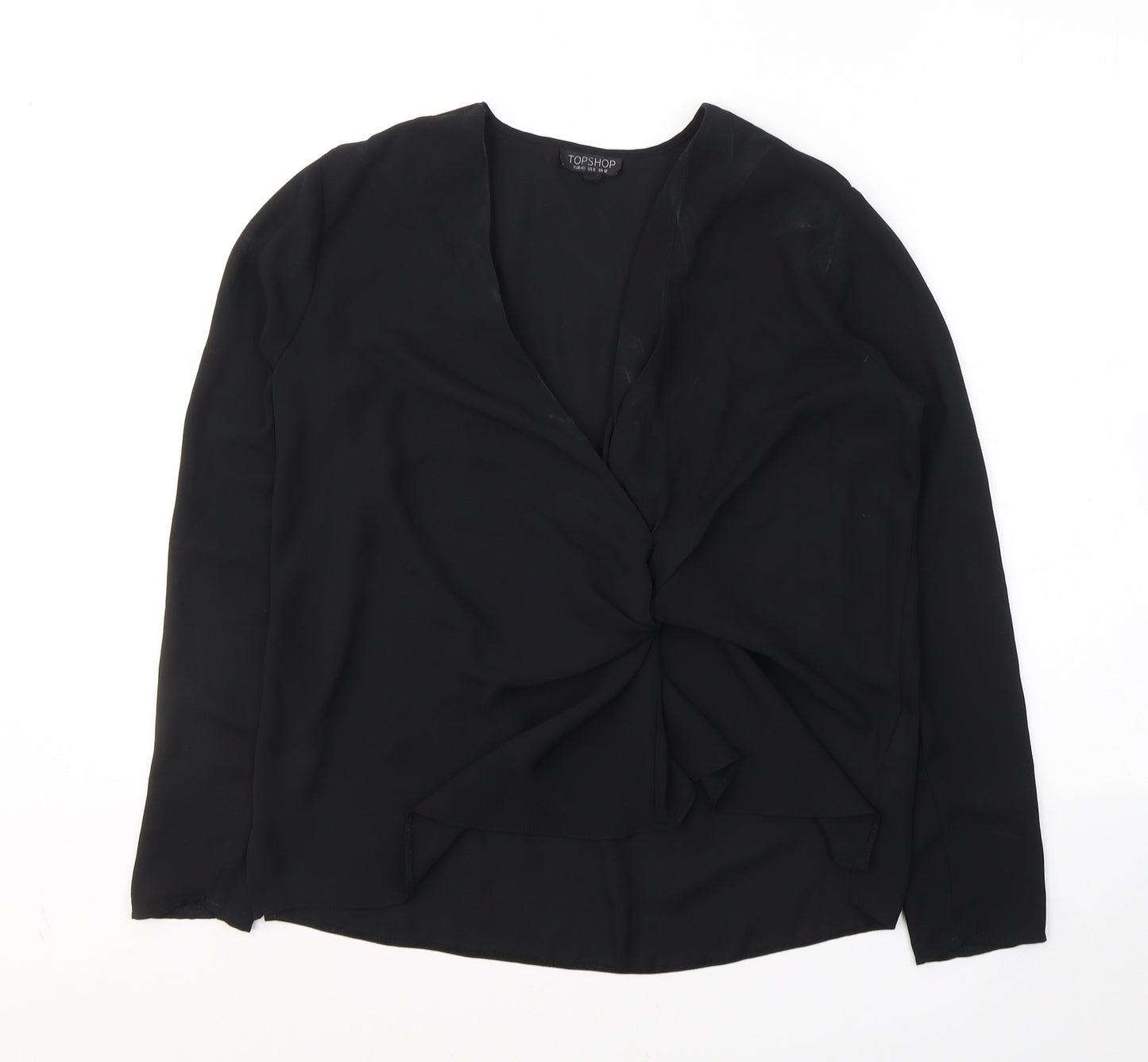 Topshop Womens Black  Polyester Basic Blouse Size 12 V-Neck - knot detail