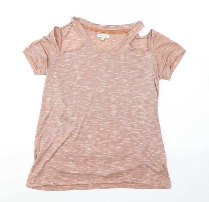 River Island Womens Beige  Cotton Basic T-Shirt Size 6 Round Neck - Cold Shoudler