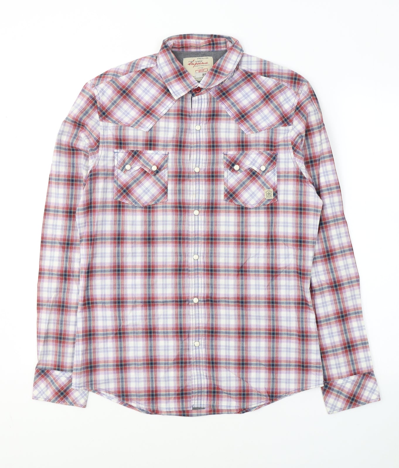 River Island Mens Red Plaid Cotton  Button-Up Size S Collared Button