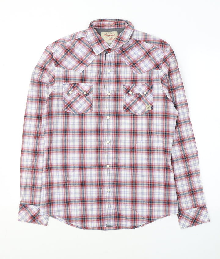 River Island Mens Red Plaid Cotton  Button-Up Size S Collared Button