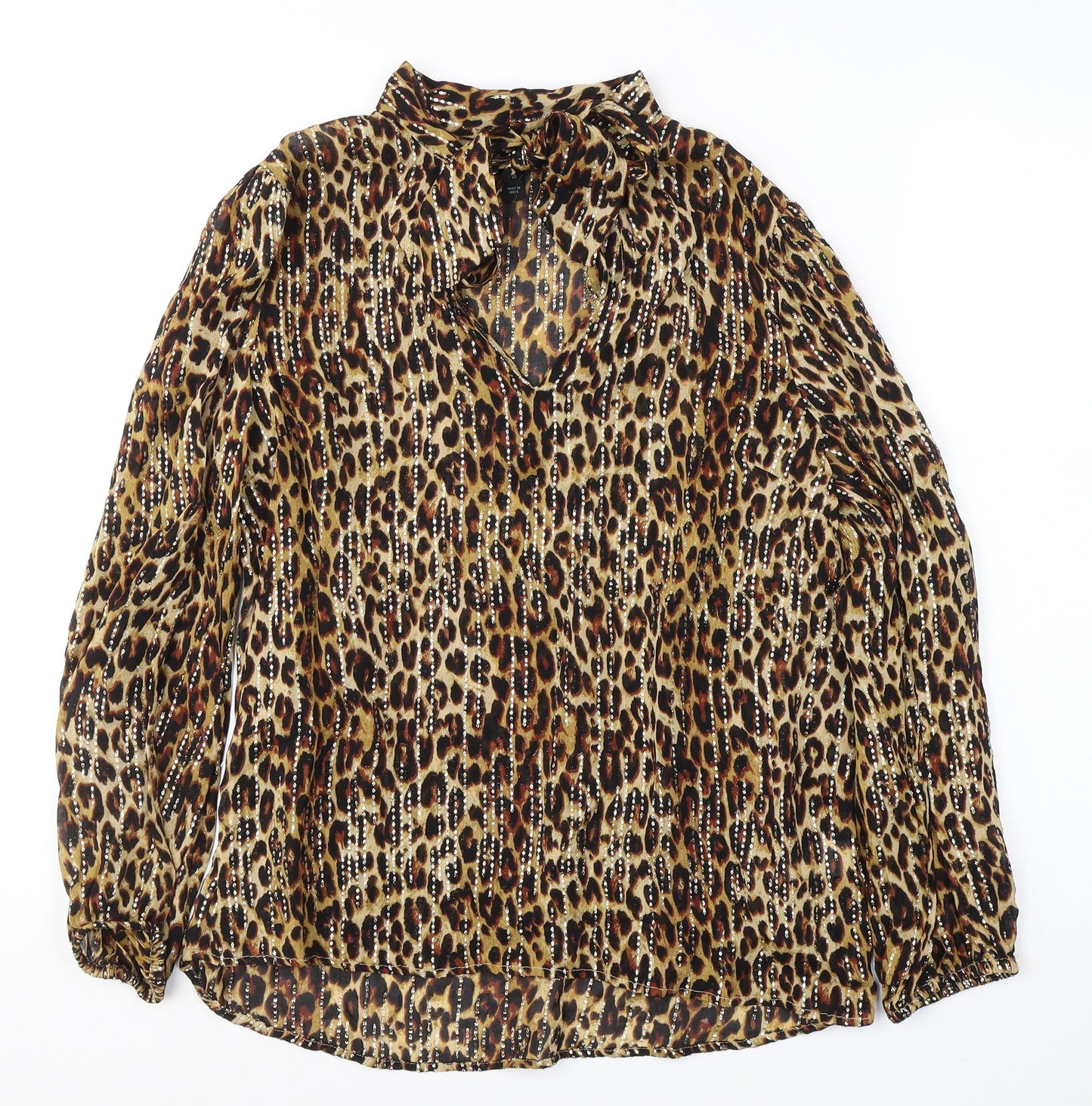 River Island Womens Brown Animal Print Viscose Basic Blouse Size 10 Round Neck - tie detail on collar