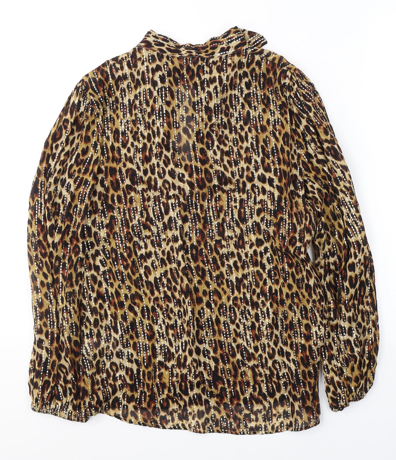 River Island Womens Brown Animal Print Viscose Basic Blouse Size 10 Round Neck - tie detail on collar
