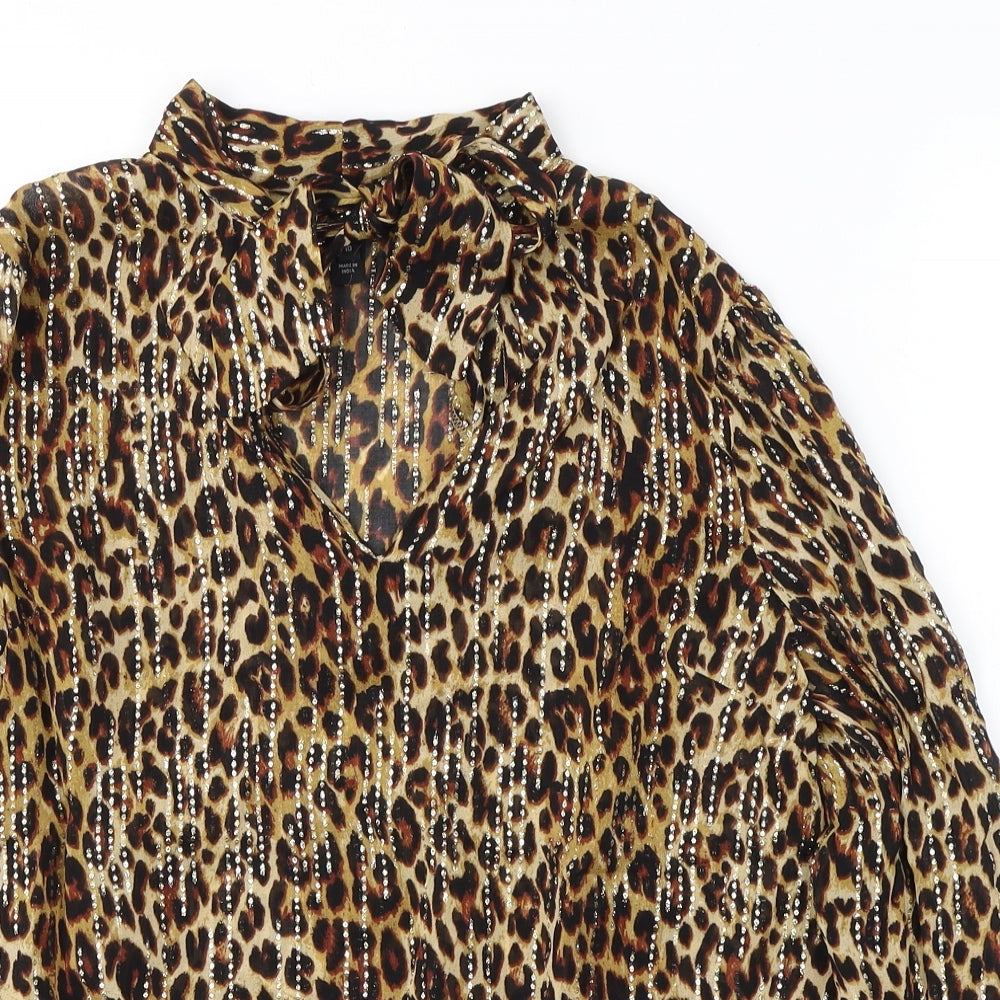 River Island Womens Brown Animal Print Viscose Basic Blouse Size 10 Round Neck - tie detail on collar