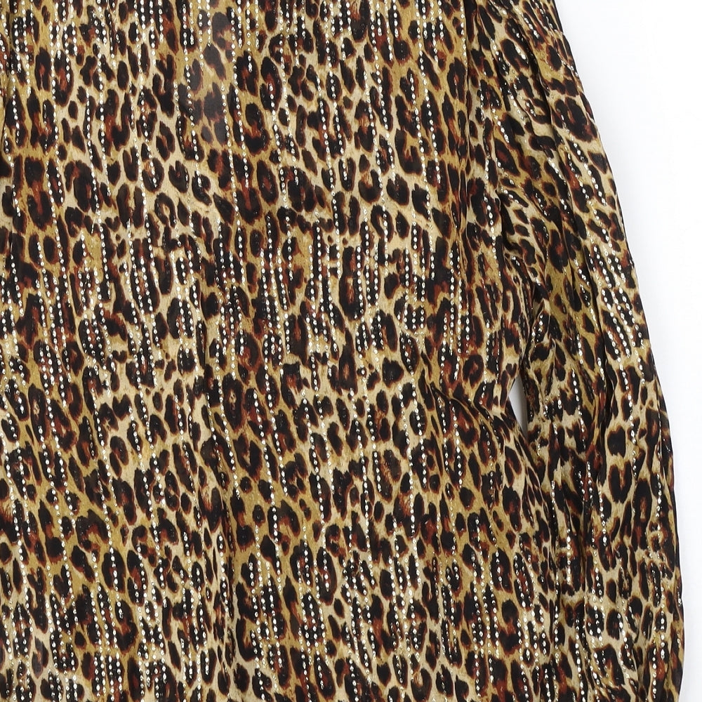 River Island Womens Brown Animal Print Viscose Basic Blouse Size 10 Round Neck - tie detail on collar
