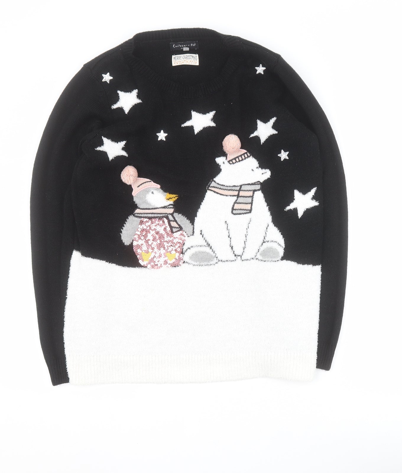 F&F Womens Black Round Neck  Acrylic Pullover Jumper Size 12   - Christmas