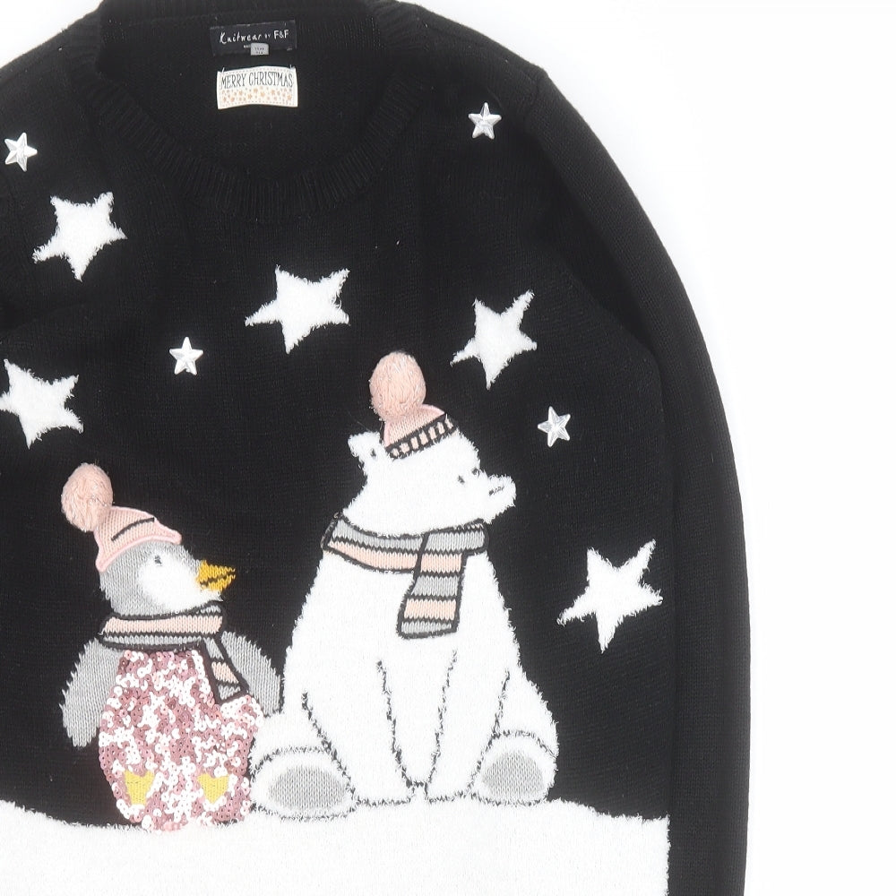 F&F Womens Black Round Neck  Acrylic Pullover Jumper Size 12   - Christmas