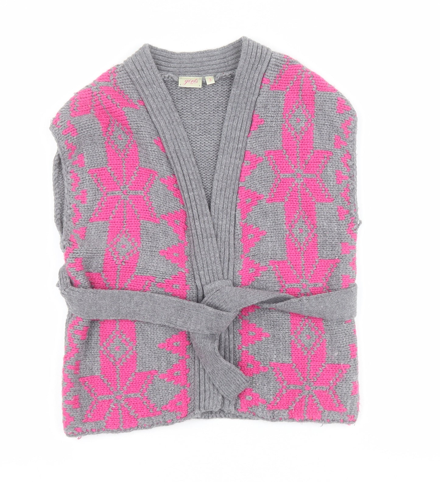 New Look Girls Grey V-Neck Fair Isle Acrylic Cardigan Jumper Size 3 Years  Snap