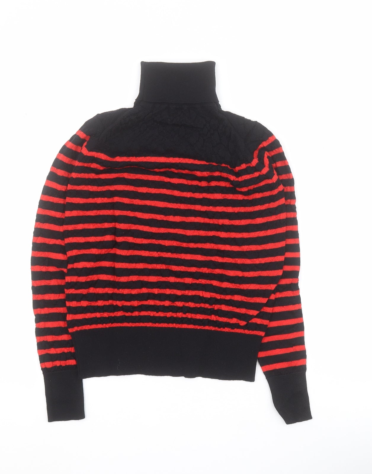 Marks and Spencer Womens Red Roll Neck Striped 100% Merino Wool Pullover Jumper Size 8