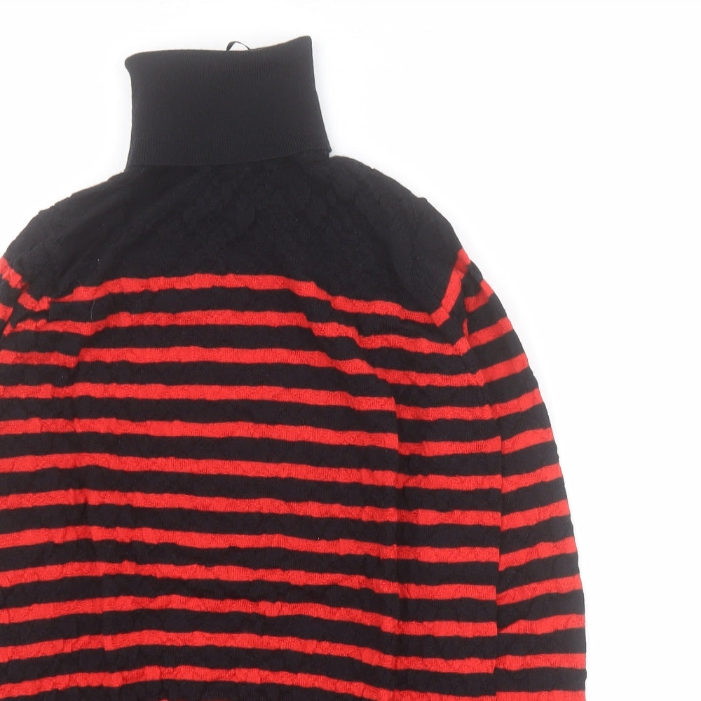 Marks and Spencer Womens Red Roll Neck Striped 100% Merino Wool Pullover Jumper Size 8
