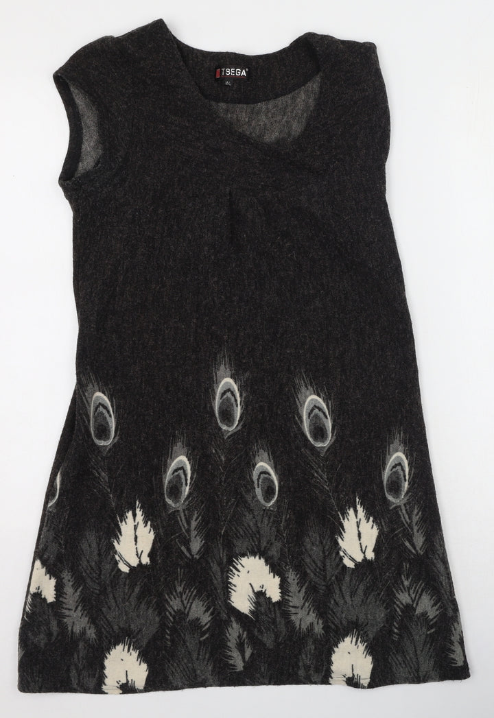 Tsega Womens Grey Floral Acrylic Fit & Flare Size M Round Neck Pullover