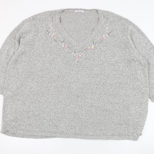 Damart Womens Grey V-Neck  Acrylic Pullover Jumper Size 30   - Flower