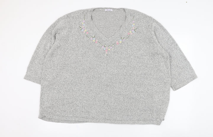 Damart Womens Grey V-Neck  Acrylic Pullover Jumper Size 30   - Flower