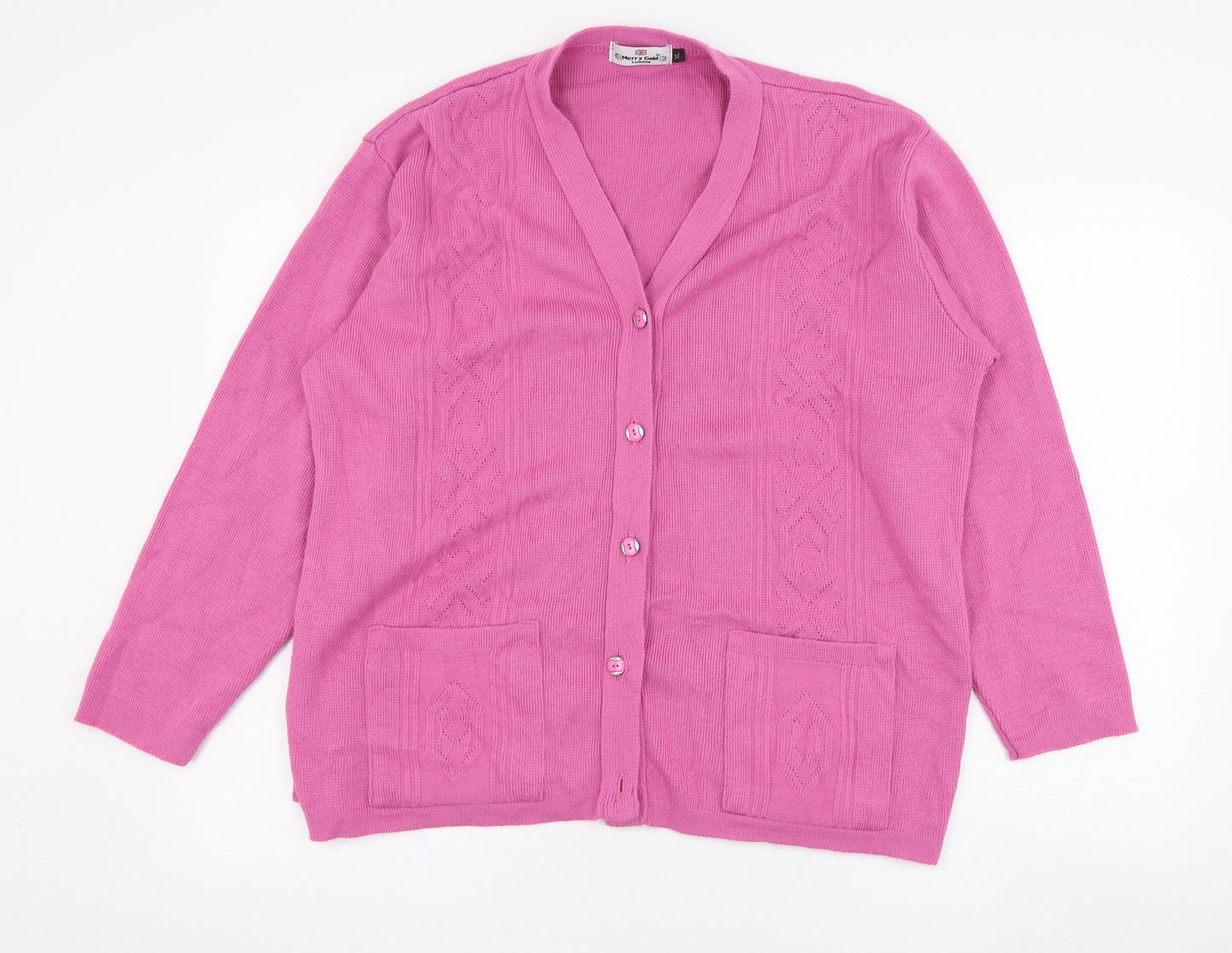 Merry Gold Womens Pink V-Neck  Acrylic Cardigan Jumper Size XL